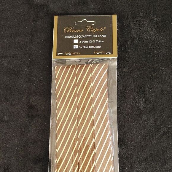 BRUNO CAPELO FASHION 3 PLEAT SATIN HAT BAND. BROWN-BEIGE THIN STRIPE. - Picture 2 of 2